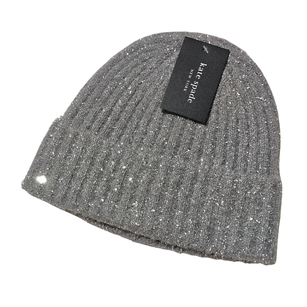 Kate Spade Beanie Hat Heather Grey Tinsel Knit Holiday Party Winter Outdoor Gift